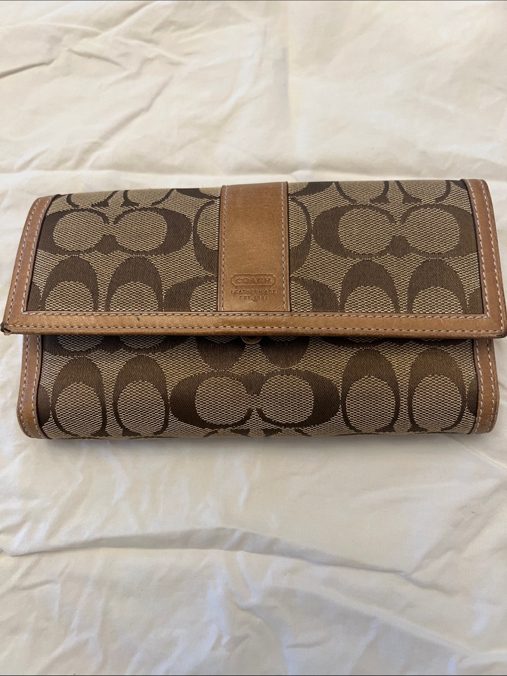 Coach Brown Signature Canvas Foldover Wallet with Tan Trim